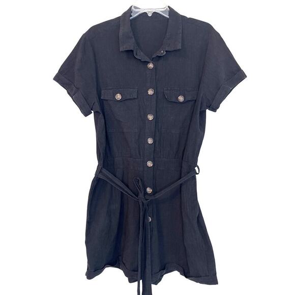 Source Unknown Pants - One Piece Women's Black Romper Shorts Belt Tie Button Up With Pockets Size XL